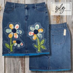 Charter Club Denim Jean Skirt Floral Applique Boho Flower Patched Fringe 10